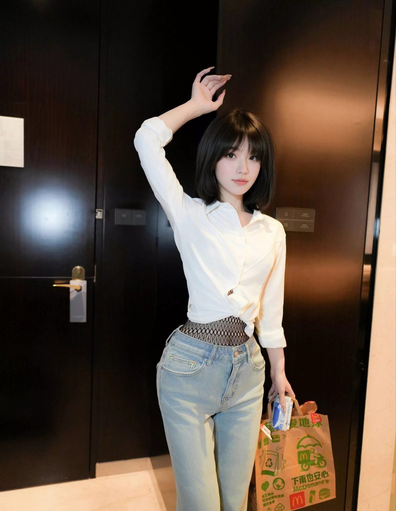 图片[2]_7p娇小苗条短发网红美女 白衬衫牛仔裤穿搭居家写真美照 手机壁纸_次元岛