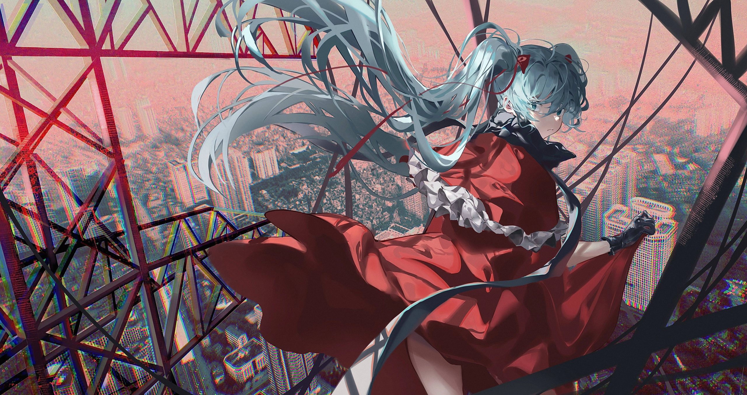 初音未来(初音ミク-初音未来)红色 高楼 壁纸高清壁纸 Hatsune Miku_次元岛