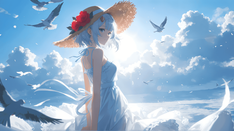 海边 海鸥 白云 云层 头戴斗笠的吊带蓝裙动漫少女高清壁纸图片_次元岛