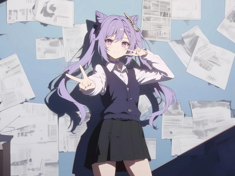 刻晴 可爱剪刀手势 报纸墙 4K动漫壁纸_次元岛