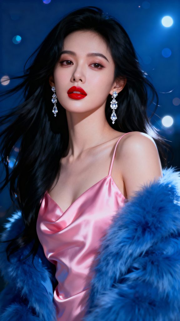 图片[1]_4P气质女性 粉色缎面裙 蓝色 毛绒外套 钻石耳饰 华丽时尚风女神写真_次元岛