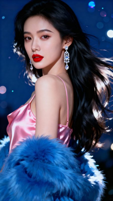 4P气质女性 粉色缎面裙 蓝色 毛绒外套 钻石耳饰 华丽时尚风女神写真_次元岛